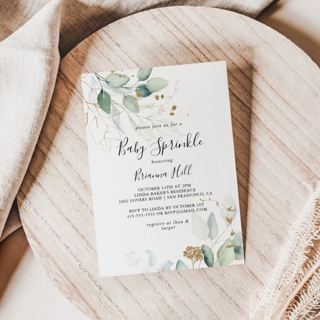 Invitación Oro Eucalipto Caligrafía Bebé Sprinkle (Subido por el creador)