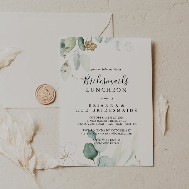 Invitación Oro Eucalyptus Bridesmaids Ducha de almuerzo (Subido por el creador)