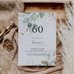 Invitación Oro Eucalyptus Calligraphy 60 cumpleaños<br><div class="desc">Esta invitación a la fiesta de cumpleaños número 60 de la caligrafía de eucalipto de oro es perfecta para una fiesta de cumpleaños rústica. Este diseño artístico presenta acuarelas de color oro y follaje verde dibujadas a mano,  que inspiran la belleza natural.</div>