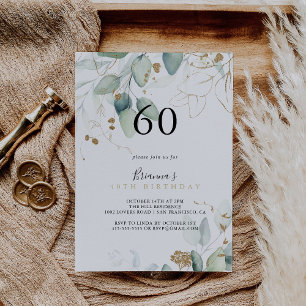 Invitación Oro Eucalyptus Calligraphy 60 cumpleaños