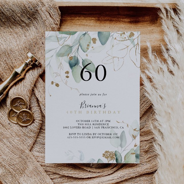 Invitación Oro Eucalyptus Calligraphy 60 cumpleaños (Subido por el creador)