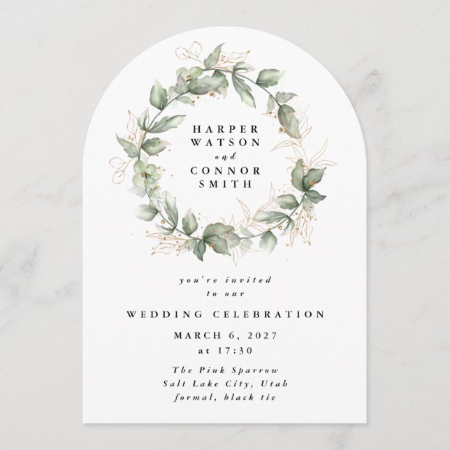 Invitación Oro Eucalyptus Wreath Greenery Moss Sage Arch (Anverso)