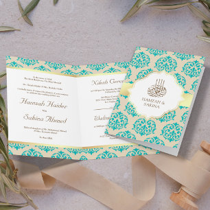 Invitación Oro Falso Papel de Estaño Azul Teal Damask Boda Mu