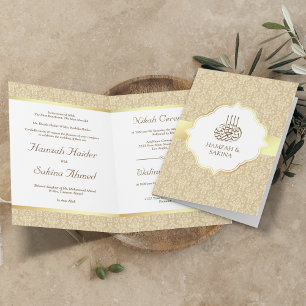 Invitación Oro Falso Papel de Estaño Beige Damask Boda Musulm