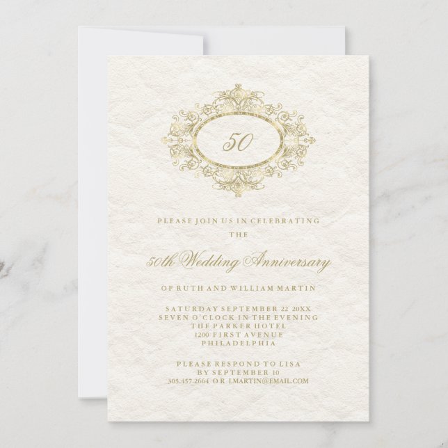 Invitación Oro Falso sobre Blanco Cremoso Aniversario de Boda (Anverso)