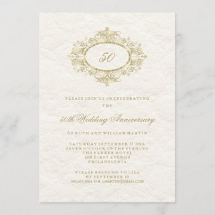 Invitación Oro Falso sobre Blanco Cremoso Aniversario de Boda