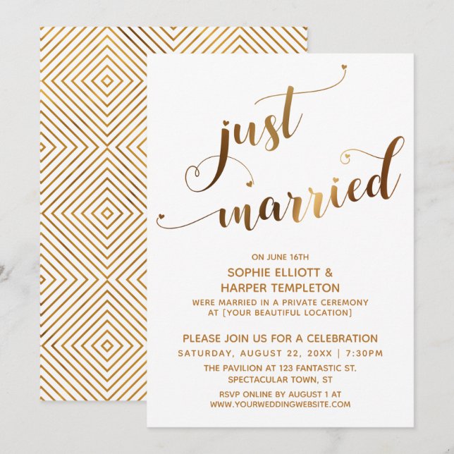 Invitación Oro Falso sobre Blanco Evento Post-Boda Recién Cas (Anverso / Reverso)