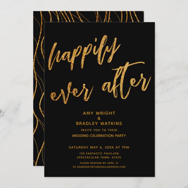 Invitación Oro Felices para Siempre Recepción de Boda Negra (Anverso / Reverso)