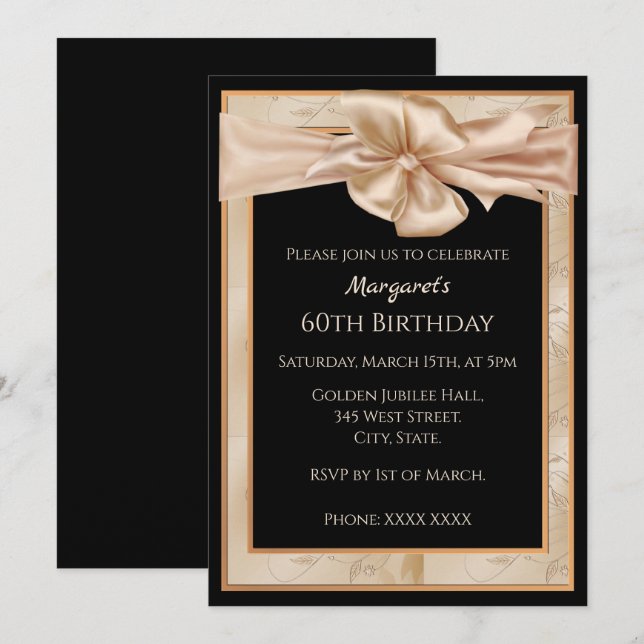 Invitación Oro femenino y elegante negro cumpleaños número 60 (Anverso / Reverso)