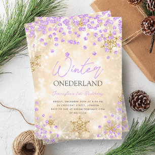 Invitación Oro festivo morado invierno ONEDERLAND primer cump