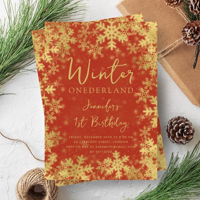 Invitación Oro festivo rojo invierno ONEDERLAND 1º cumpleaños (Festive Gold Red Winter ONEDERLAND 1st Birthday Invitation)