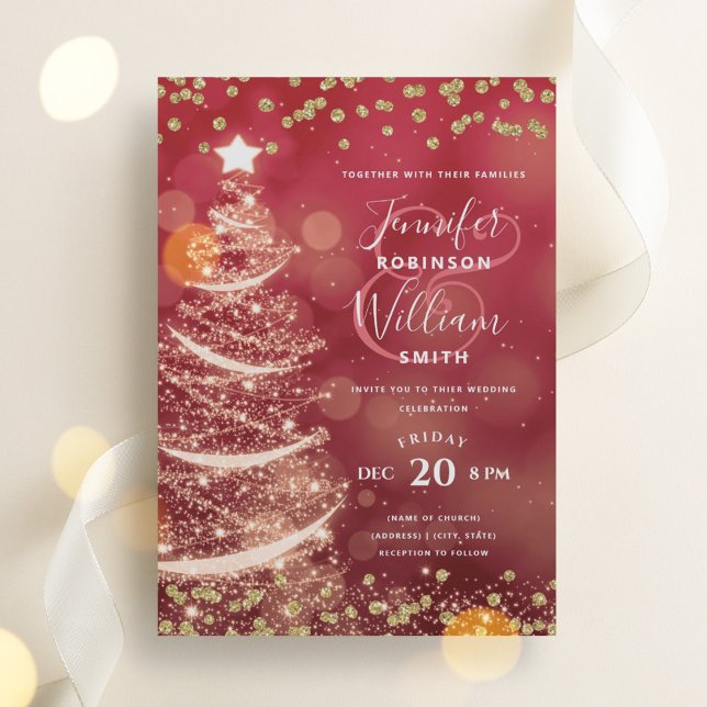 Invitación Oro festivo y elegante árbol de parkle de la boda  (Festive Gold & Red Elegant Wedding Sparkle Tree Invitation)