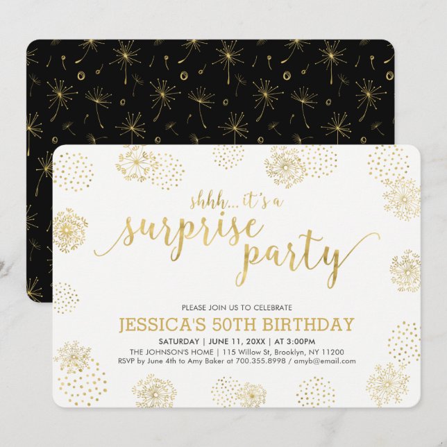 Invitación Oro | Fiesta de Cumpleaños 50 Moderno y Sorprenden (Anverso / Reverso)