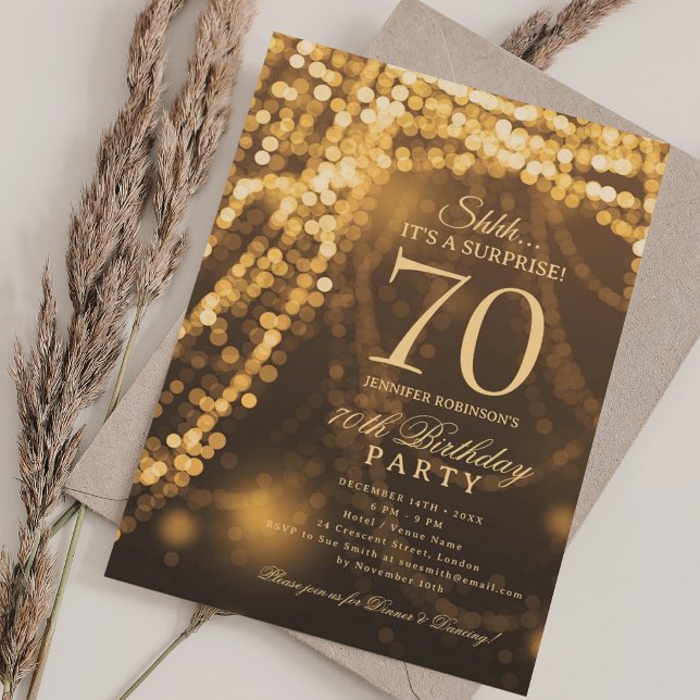 Invitación Oro | Fiesta de cumpleaños 70 elegante sorpresa (Gold | Elegant Surprise 70th Birthday Party Invitation)