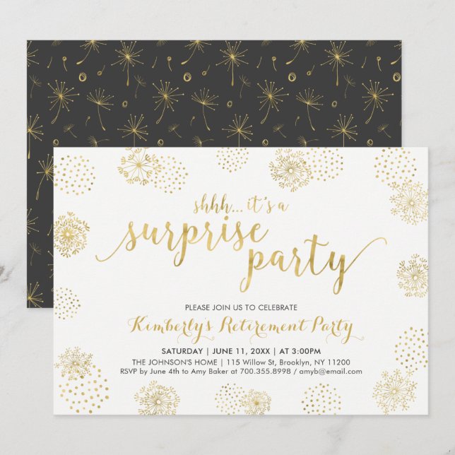 Invitación Oro | Fiesta de Jubilación Sorpresa Moderna y Eleg (Anverso / Reverso)