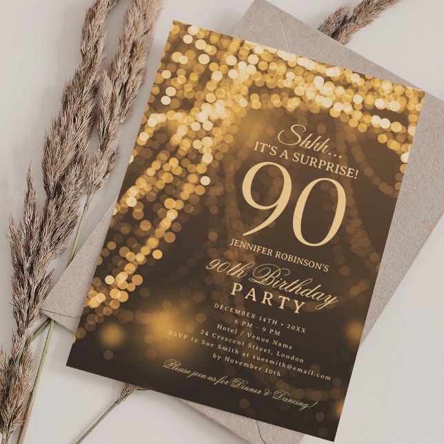Invitación Oro | Fiesta sorpresa de 90 cumpleaños  (Gold | Surprise 90th Birthday Party Invitation)
