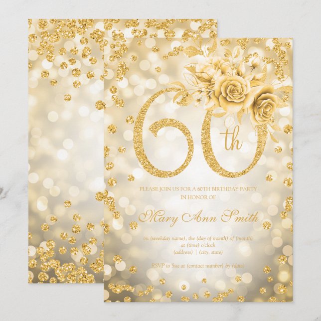 Invitación Oro Floral 60.ª luz de cristal de cumpleaños (Anverso / Reverso)