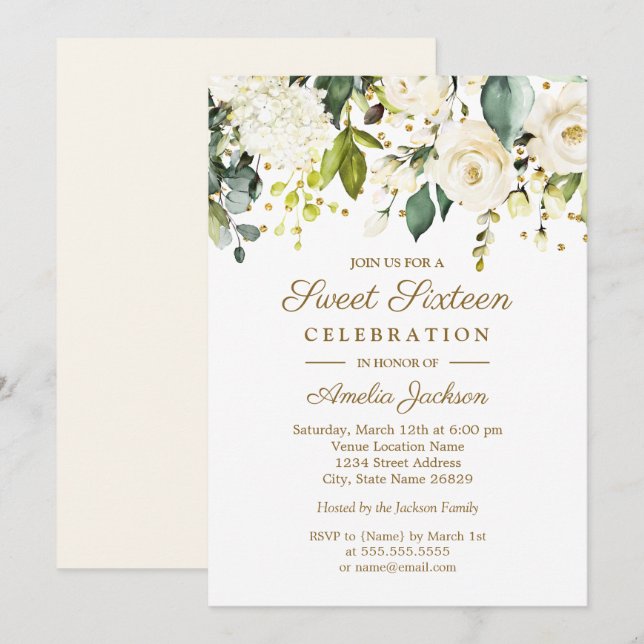Invitación Oro Floral Blanco Confetti dulce Dieciséis (Anverso / Reverso)