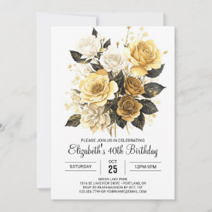 Invitación Oro floral bohemio y 30 cumpleaños negro