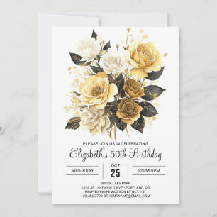 Invitación Oro floral encantado y 50 cumpleaños negro