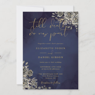 Invitación Oro Floral Gótico Y Boda Azul Medianoche