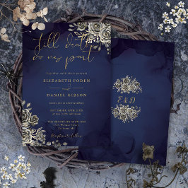 Invitación Oro Floral Gótico Y Boda Azul Medianoche