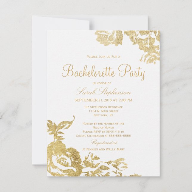 Invitación Oro floral moderno simple elegante Bachelorette (Anverso)