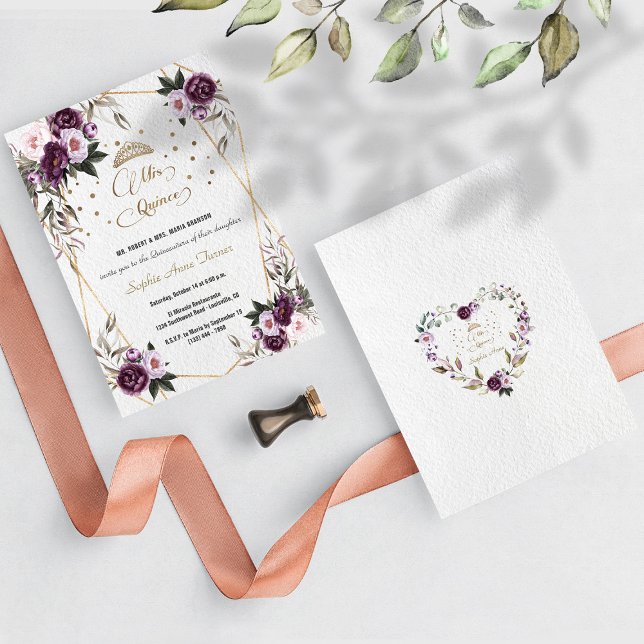 Invitación Oro Floral Púrpura Rosa Mis Quince Quinceañera (Subido por el creador)