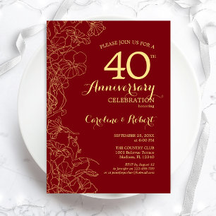 Invitación Oro Floral Rojo Rubí 40 Aniversario