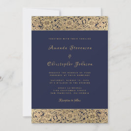 Invitación Oro Floral Rosa Azul Marino Elegante Vintage Boda