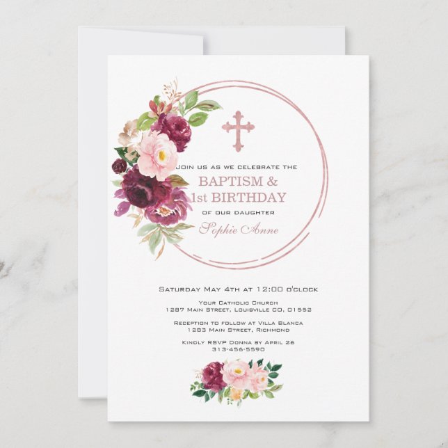 Invitación Oro Floral Rosa Borgoña Primer Cumpleaños y Bautis (Anverso)