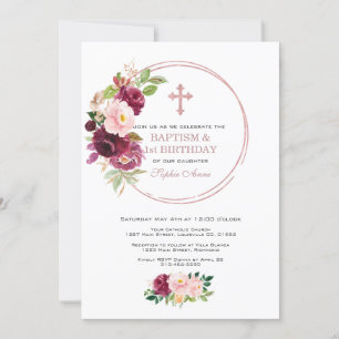 Invitación Oro Floral Rosa Borgoña Primer Cumpleaños y Bautis