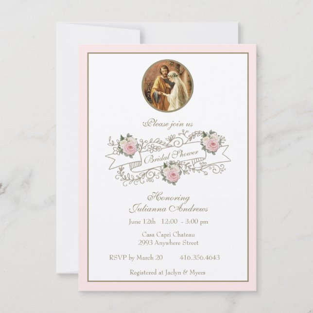 Invitación Oro floral rosa de ducha de novia católica (Anverso)