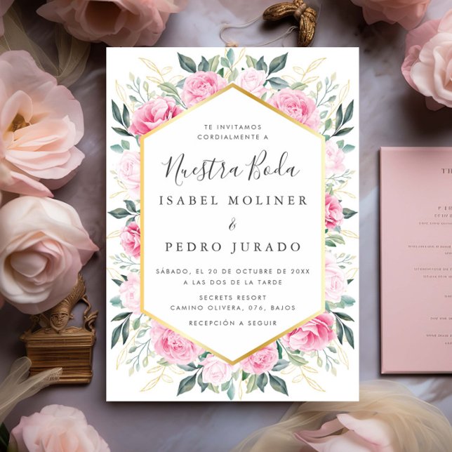 Invitación Oro floral rosa deja a nuestra Boda Boda (Subido por el creador)