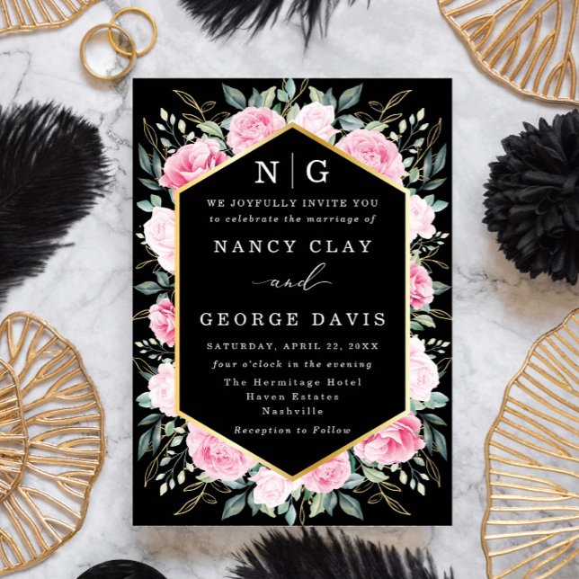 Invitación Oro floral rosa deja Boda monograma negro (Subido por el creador)