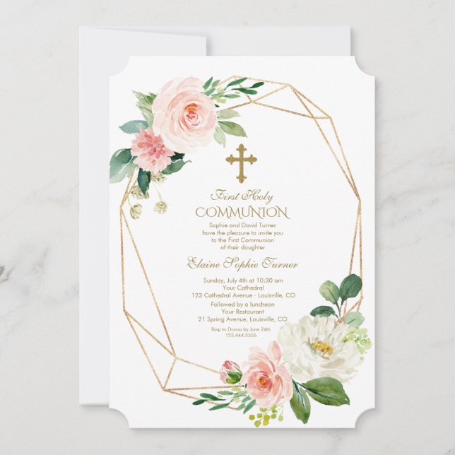 Invitación Oro Floral Rosa Diamante Primera Santa Comunión (Anverso)