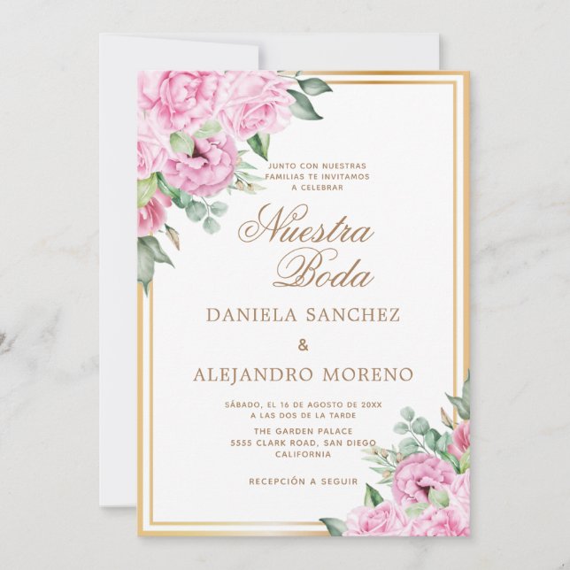 Invitación Oro Floral Rosa Nuestra Boda Boda Española (Anverso)