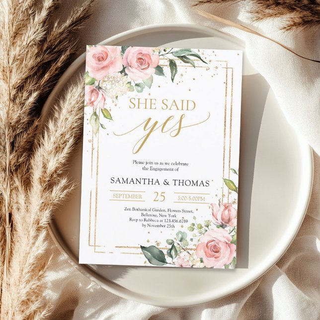 Invitación Oro floral rosa rosa bohemio dijo que sí (Bohemian blush pink floral gold she said yes invitation)