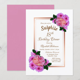 Invitación Oro Floral Rosa Sorpresa 18 cumpleaños Cena