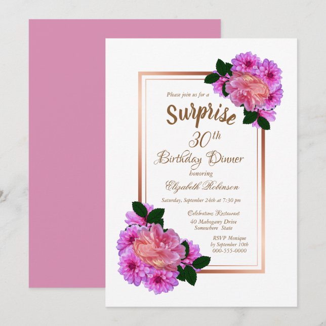 Invitación Oro Floral Rosa Sorpresa 30 cumpleaños cena (Anverso / Reverso)