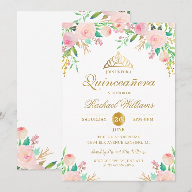 Invitación Oro Floral Rosa Tiara Quinceañera 15º cumpleaños (Anverso / Reverso)