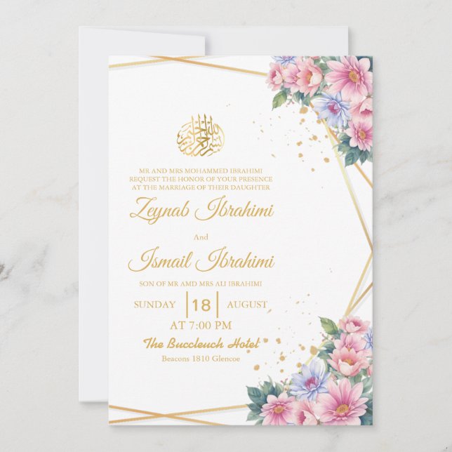 Invitación Oro floral rosa y azul Boda musulmana islámica (Anverso)