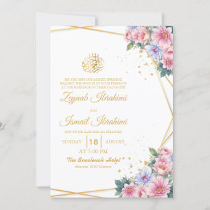 Invitación Oro floral rosa y azul Boda musulmana islámica