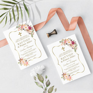Invitación Oro floral rosado Chica español Primer bautismo de