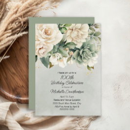 Invitación Oro Floral Verde Sage Blanco 100 cumpleaños