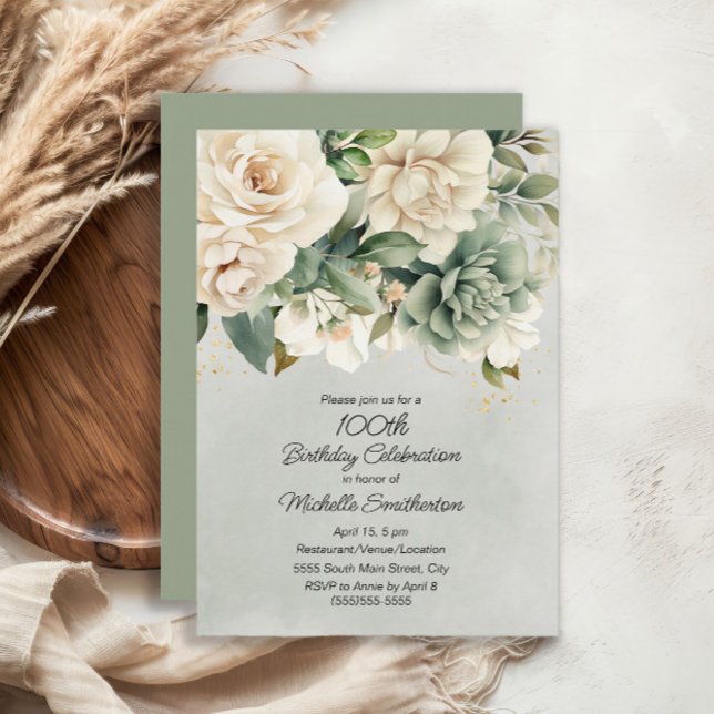 Invitación Oro Floral Verde Sage Blanco 100 cumpleaños (White and sage green floral 100th birthday invitation)