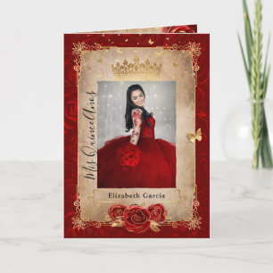 Invitación Oro floral y quinceañera roja doblada