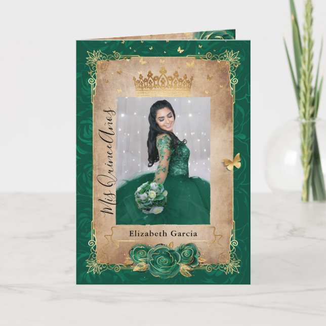 Invitación Oro floral y verde quinceañera foto doblada (Anverso)