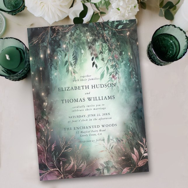 Invitación Oro forestal encantado vierte Boda mágico malvado (enchanted forest wedding invitation elegant magical fairy garden foliage greenery overhanging vines )