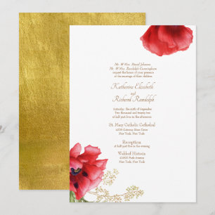 Invitación Oro formal floral rojo y metálico Boda